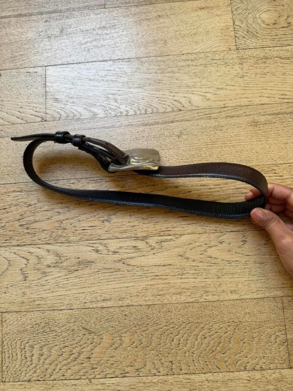 Vintage Brown Leather Belt with Sculpted Silver Buckle